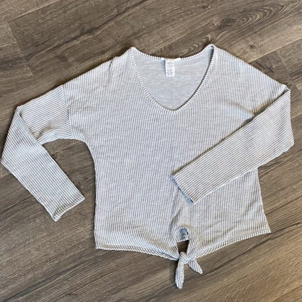 Caution To The Wind Tie Front Long Sleeve Top Gray & White stripes Size M